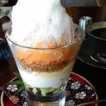 Cafe 中野屋『夕張メロンの濃厚グラニテ、アイスのパフェ 淡雪仕立て』『苺とずんだのフレジェをパフェスタイルで 南瓜アイスとダコワーズ生地入り』『カシスのグラニテとヨーグルトソルベのパフェ、アグリュームのアクセント』『桃のコンポートとそのジュのグラニテ、西瓜と芙莉茶ゼリー＆アイスのパフェ』